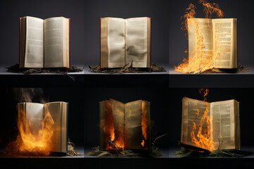 Old books burning in flames. The concept of censorship, dictatorship, book burning in history. - obrazy, fototapety, plakaty