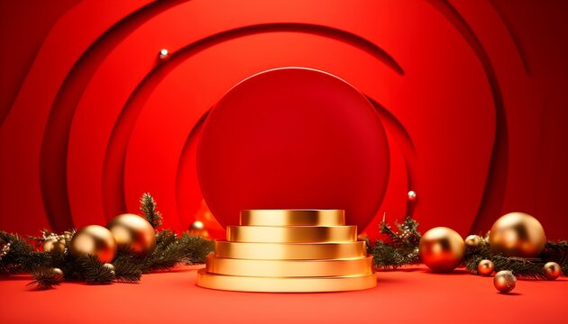 Maqueta de podio vac&iacute;o dorado con fondo rojo para producto con decoraci&oacute;n navide&ntilde;a