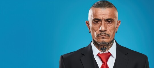 Businessman with face and neck tattoos serious face portrait