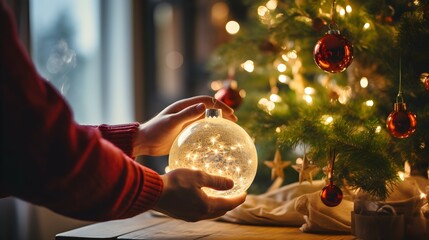 Manos sosteniendo una esfera con luz brillante junto al árbol de navidad - obrazy, fototapety, plakaty