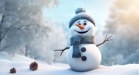 Obraz premium Cute snowman with scarf and woolly hat against a beautiful winter background.