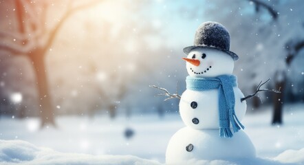 Cute snowman with scarf and woolly hat against a beautiful winter background. - obrazy, fototapety, plakaty