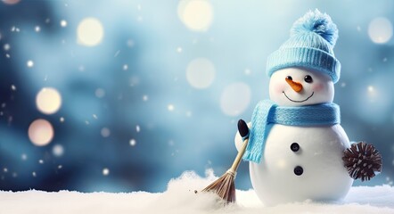 Fototapeta premium Cute snowman with scarf and woolly hat against a beautiful winter background.