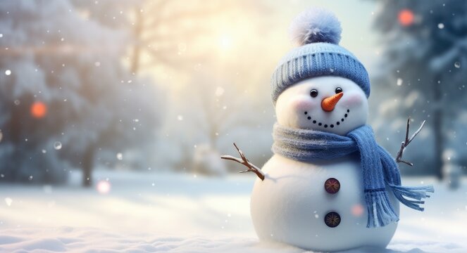 Cute snowman with scarf and woolly hat against a beautiful winter background.
