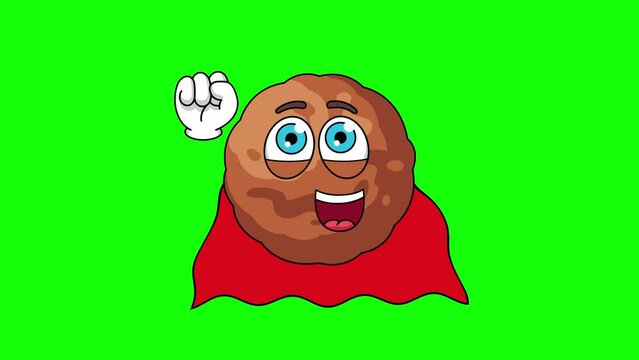 Superhero meatball cartoon flying with red cape, green screen animation of flying mascot
