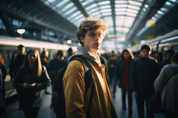 In a busy train station, a confident man stands on the bustling platform, meeting the camera's gaze amidst a sea of hurried commuters and the urban pulse of city life