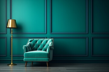 Beautiful luxury classic blue green clean interior room in classic style with green soft armchair. Vintage antique blue-green chair standing beside emerald wall. Minimalist home design. High quality