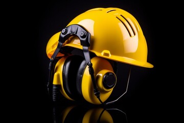 Bright yellow helmet with earmuffs on dark backdrop. Generative AI - obrazy, fototapety, plakaty