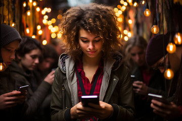 teenage afro hair girl using smartphone and smiling. generation z teenager with multi-ethnic descent enjoying digital media and social media on the phone. concept of phone and social media addiction.
