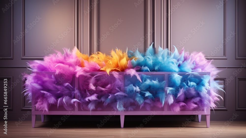 Wall mural A purple couch with colorful feathers on it, AI