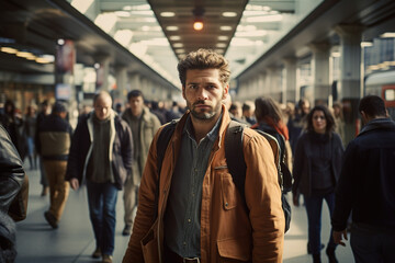 In a busy train station, a confident man stands on the bustling platform, meeting the camera's gaze amidst a sea of hurried commuters and the urban pulse of city life