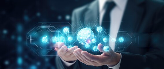 Doctor holding a hologram and virtual data in the hands. Virtual reality in medicine and health care.