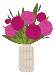 Pink peony in ceramic vase. Decorative bouquet drawing