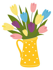 Color tulips in vase. Garden flowers bouquet icon