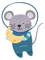 Mouse astronaut with cheese moon crescent. Space animal