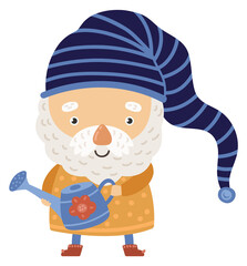 Cute garden gnome. Fairytale character with watering can