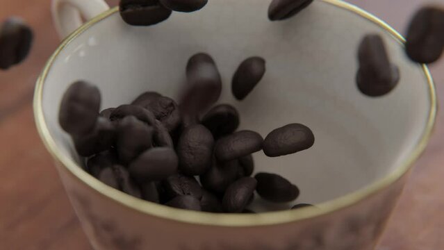 Close up of Coffee beans falling into a cup in slow motion