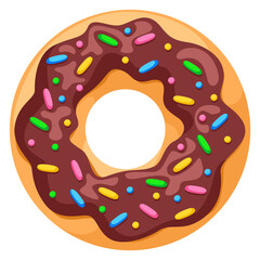 Donut with chocolate icing and sprinkles. Cartoon food icon