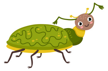 Cute green bug with happy face. Funny insect