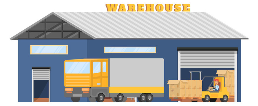 Warehouse building with cars and workers. Industrial storage