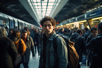 In a busy train station, a confident man stands on the bustling platform, meeting the camera's gaze amidst a sea of hurried commuters and the urban pulse of city life