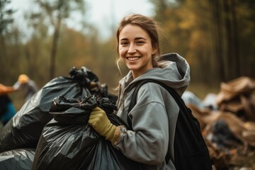 Happy young woman voluntarily cleaning a polluted environment. Recycling and environmental protection concept.