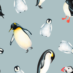 Watercolor seamless pattern with king penguins family and puffin bird isolated. Hand painting realistic Arctic and Antarctic ocean mammals. For designers, decoration, postcards, wrapping paper