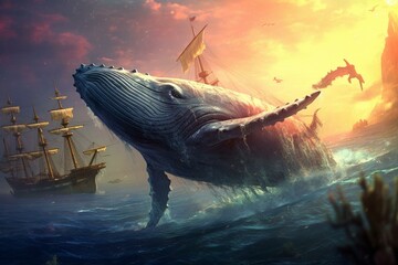 An oceanic illustration of a majestic whale. Generative AI