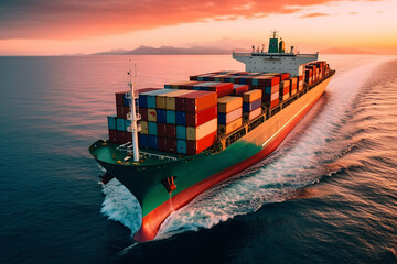 Container ship in the sea. Freight transportation and logistics concept. Cargo ship in the sea at sunset.