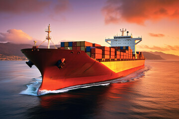 Container ship in the sea. Freight transportation and logistics concept. Cargo ship in the sea at sunset.