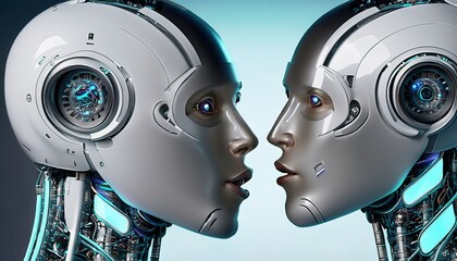 Close-up of two metal and neon-lit androids about to kiss. Robots in love. Humanoids kissing. Generative AI