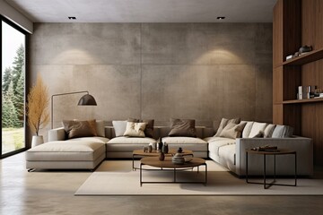 Modern polished concrete living room. Generative AI