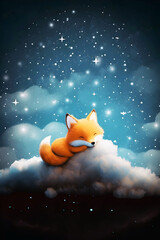 Obraz na płótnie Canvas a baby fox sleeping on the cloud with a starry sky