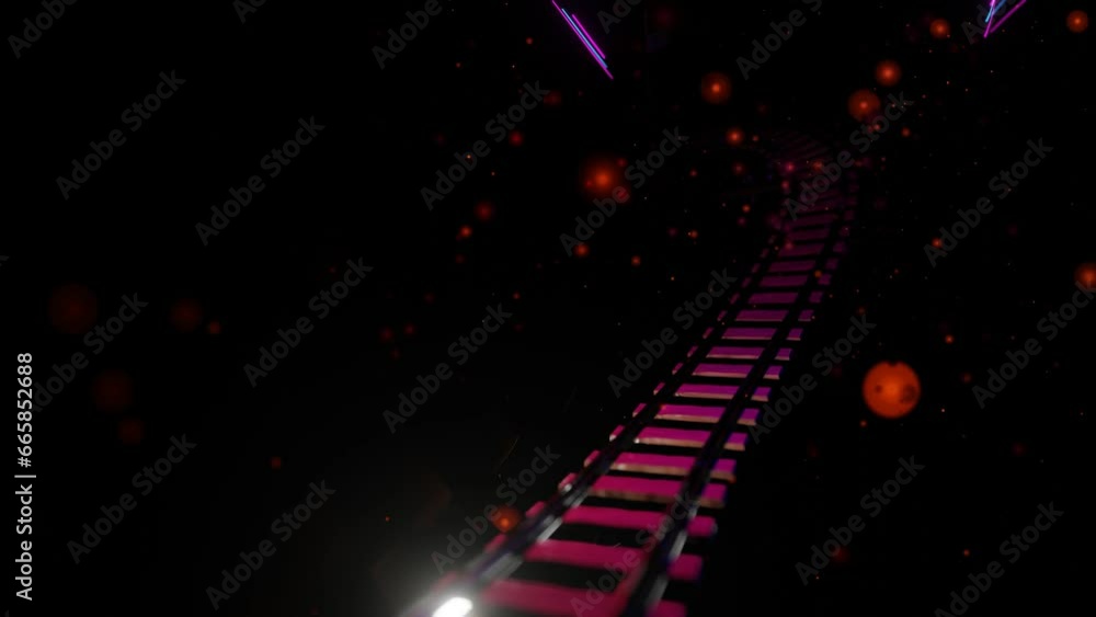 Poster camera movement in a dark abstract round tunnel with a railway. looping animated background. 3d rend