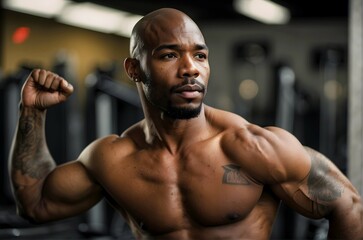 Fototapeta na wymiar Portrait of handsome african american male model, bodybuilder fitness trainer, flexing muscles in the gym, bodybuilding and fitness concept background 