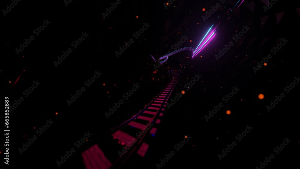 Poster camera movement in a dark abstract round tunnel with a railway. looping animated background. 3d rend