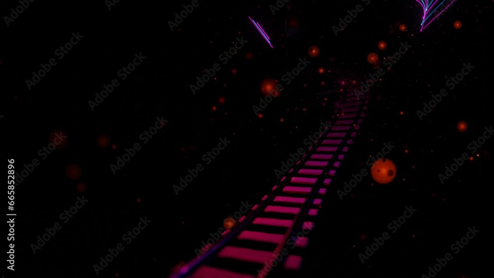 Poster camera movement in a dark abstract round tunnel with a railway. looping animated background. 3d rend