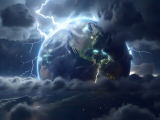 The planet Earth is shrouded in clouds, with lightning visible in some places. The concept of stormy weather and weather forecast.