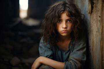 Sad Arab child in poor home, face of serious Palestinian girl. Portrait of depressed Middle Eastern kid, teen looking at camera. Concept of character, youth, problem - obrazy, fototapety, plakaty