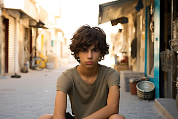 Sad Palestinian boy sits on city street, portrait of serious Arab teenager in Middle East. Young person, kid looking at camera outdoor. Concept of character, muslim - obrazy, fototapety, plakaty