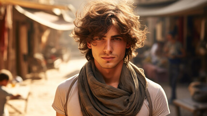 Portrait of handsome young Arab man in Middle East, Palestinian guy on city street. Person wearing typical scarf looking at camera outdoor. Concept of character, people - obrazy, fototapety, plakaty