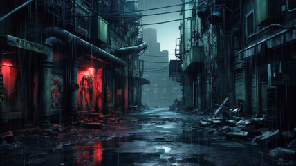 Gloomy dark street in cyberpunk city in rain, dirty wet alley with garbage. Moody view of old spooky futuristic buildings at night. Concept of dystopia, future, grunge