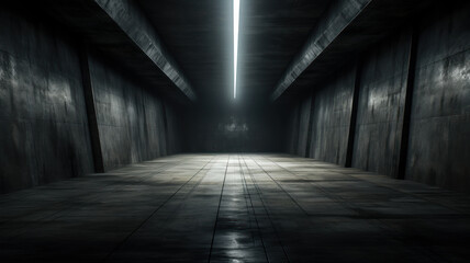 Dark underground warehouse background, empty concrete garage with low light. Abstract grungy room with gray walls. Concept of futuristic design, industry, factory, game