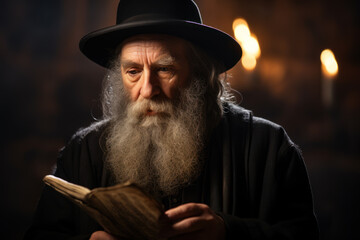 Old Jewish Orthodox man reading holy book, portrait of bearded Jew in black hat. Face of pensive reflective Israeli person. Concept of rabbi, prayer, think