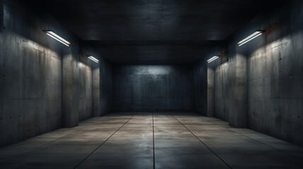 Dark dirty warehouse interior background, scary concrete garage with low light. Abstract empty grungy room with gray walls. Concept of horror, industry, factory