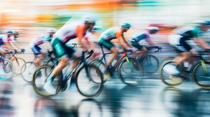 view of a professional cycle race, motion blur effect, 16:9, copy space - obrazy, fototapety, plakaty