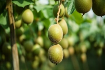 Kiwi on a plantation with ripe organic fruits for sale. Generative AI