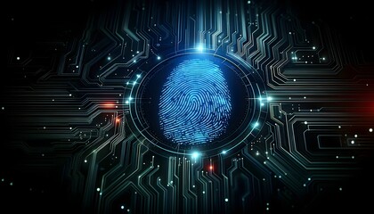 Blue neon fingerprint concept background, futuristic banner with copy space text, cyber security template 