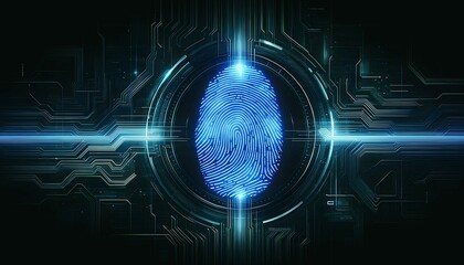 Obraz premium Blue neon fingerprint concept background, futuristic banner with copy space text, cyber security template 