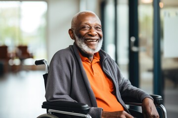Portrait of a happy senior man in a wheelchair at the nursing home - obrazy, fototapety, plakaty